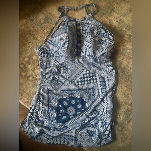NWT Cacique paisley print halter neck Swim tankini top keyhole front Sz 18 Blue